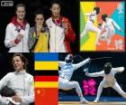 women's fencing Individual épée podium, Yana Shemiakina (Ukraine), Britta Heidemann (Germany) and Sun Yujie (China) - London 2012 -