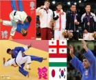 men's judo - 66 kg, Lasha Shavdatuasvili (Georgia), Miklos Ungvari (Hungary) and Masashi Ebinuma (Japan), Cho Jun-Ho (South Korea) - London 2012 -