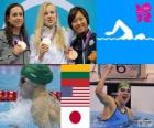 women's swimming 100 metre breaststroke podium, Rūta Meilutytė (Lithuania), Rebecca Soni (United States) and Satomi Suzuki (Japan) - London 2012 -