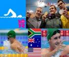 Men's swimming 100 metre breaststroke podium, Cameron van der Burgh (South Africa), Christian Sprenger (Australia) and Brendan Hansen (United States) - London 2012 - style