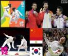 Fencing men's foil podium, Lei Sheng (China), Abuelkasem Alaaeldi (Egypt) and Choi Byung-Chul (South Korea) - London 2012 -