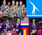 Gymnastics women's artistic team all-around podium, United States, Russia and Romania - London 2012-