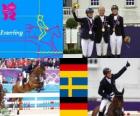 Equestrian riding individual eventing podium, Michael Jung (Germany), Sara Algotsson Ostholt (Sweden) and Sandra Auffahrt (Germany) - London 2012-