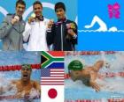 Swimming men's 200 metre butterfly podium, Chad le Clos (South Africa), Michael Phelps (United States), and Takeshi Matsuda (Japan) - London 2012 -