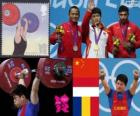 Weightlifting men's 69 kg podium, Lin Qingfeng (China), Triyatno Triyatno (Indonesia) and Constantin Martin (Romania) - London 2012 -