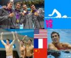 Swimming men's 4 × 200 metre freestyle relay podium, United States, France and China - London 2012-