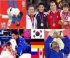 Judo men's 81 kg podium, Kim Jae-Bum (South Korea), Ole Bischof (Germany) and Ivan Nifontov (Russia), Antoine Valois-Fortier (Canada) - London 2012 -