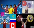 Women's 63 kg weightlifting podium, Maiya Maneza (Kazakhstan), Svetlana Tsarukayeva (Russia) and Christine Girard (Canada) - London 2012-