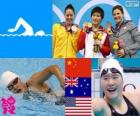 Podium swimming 200 m individual women's combined, Shiwen Ye (China), Alicia Coutts (Australia) and Caitlin Leverenz (United States) - London 2012 -