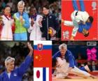 Podium Judo women's - 63 kg, Urška Žolnir (Slovenia), Xu Lili (China) and Gevrise Emane (France), Yoshie Ueno (Japan) - London 2012 -