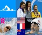 Women's 200 metre freestyle swimming podium, Allison Schmitt (United States), Camille Muffat (France) and Bronte Barratt (Australia) - London 2012 -