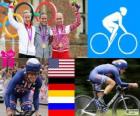 Women's road time trial cycling podium, Kristin Armstrong (United States), Judith Arndt (Germany) and Olga Zabelinskaya (Russia) - London 2012-