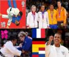 Podium female Judo - 70 kg, Lucie Decosse (France), Kerstin Thiele (Germany) and Yuri Alvear (Colombia), Edith Bosch (Netherlands) - London 2012-