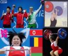 Women's 69 kg weightlifting podium, Rim Jong-Sim (North Korea), Roxana Cocoş (Romania) and Maryna Shkermankova (Bilorrusia) - London 2012-