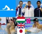 Men's swimming 200 metre breaststroke podium, Daniel Gyurta (Hungary), Michael Jamieson (United Kingdom) and Ryo Tateishi (Japan) - London 2012 -