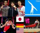 Artistic gymnastics men's artistic individual all-around podium, Kohei Uchimura (Japan), Marcel Nguyen (Germany) and Danell Leyva (United States) - London 2012 -