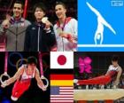 Artistic gymnastics men's artistic individual all-around podium, Kohei Uchimura (Japan), Marcel Nguyen (Germany) and Danell Leyva (United States) - London 2012 -