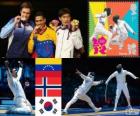 Podium fencing men individual sword, Rubén Limardo Gascón (Venezuela), Bartosz Piasecki (Norway) and Jung Jin-Sun (South Korea) - London 2012 -