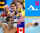 Swimming men's 100 metre freestyle podium, Nathan Adrian (United States), James Magnussen (Australia) and Brent Hayden (Canada) - London 2012 -