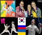 Podium fencing women's individual Sabre, Kim Ji-Yeon (South Korea), Sofia Velikaya (Russia) and Olga Jarlan (Ukraine) - London 2012 -