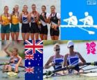 Podium rowing women's coxless pair, Helen Glover, Heather Stanning (United Kingdom), Kate Hornsey, Sarah Tait (Australia) and Juliette Haigh, Rebecca Scown (New Zealand) - London 2012-