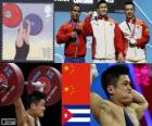 Podium weightlifting men 77 kg, Lu Xiaojun, Wu Jingbao (China) and change Iván Rodríguez (Cuba) - London 2012 -