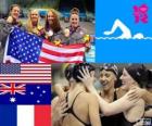 Podium swimming women's 4 × 200 metre freestyle relay, United States, Australia and France