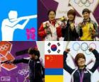 Women's 25 m pistol Shooting podium, Kim Jang - my (South Korea), Chen Ying (China) and Eric Kostevych (Ukraine) - London 2012 -