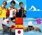 Women's 200 m butterfly swimming podium, Jiao Liuyang (China), Mireia Belmonte (Spain) and Natsumi Koshi (Japan) - London 2012 -