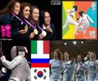 Women's foil team fencing podium, Italy, Russia and South and Korea - London 2012 -