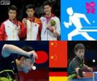 Podium table tennis men's individual, Zhang Jike, Wang Hao (China) and Dimitrij Ovtcharov (Germany) - London 2012 -