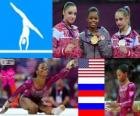 Artistic gymnastics women's individual individual all-around podium, Gabrielle Douglas (United States), Viktoria Komova and Aliya Mustafina (Russia) - London 2012-