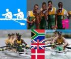 Podium rowing men's lightweight coxless four, South Africa, United Kingdom and Denmark - London 2012-