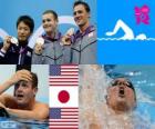 Swimming men's 200 metre backstroke podium, Tyler Clary (United States), Ryosuke Irie (Japan) and Ryan Lochte (United States) - London 2012 -