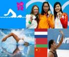 Podium swimming 100 metres women's freestyle, Ranomi Kromowidjojo (Netherlands), Aliaxandra Herasimenia (Belarus) and Tang Yi (China) - London 2012 -