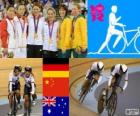 Podium cycling track women's team sprint, Kristina Vogel, Miriam Welte (Germany), Gong Jinjie, Guo Shuang (China) and Kaarle McCulloch, Anna Meares (Australia) - London 2012 -