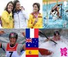 Canoeing K1 women's podium, Émilie Fer (France), Jessica Fox (Australia), and Maialen Chourraut (Spain) - London 2012-