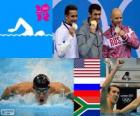 Swimming 100 m style men's Butterfly podium , Michael Phelps (United States), Evgeni Korotyshkin (Russia), Chad le Clos (South Africa) - London 2012 -