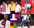 Podium men's Judo over 100 kg, Teddy Riner (France), Alexandr Mijailin (Russia) and Andreas Tolzer (Germany), Rafael Silva (Brazil) - London 2012 -