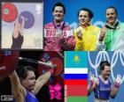 Women's 75 kg weightlifting podium, Svetlana Podobedova (Kazakhstan), Natalia Zabolotnaya (Russia) and Irina Kulesha (Belarus) - London 2012-