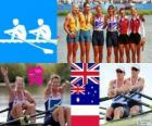 Podium Women's double sculls rowing, Anna Watkins, Katherine Grainger (United Kingdom), Kim Crow, Brooke Pratley (Australia) and Magdalena Fularczyk, Julia Michalska (Poland) - London 2012 -