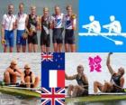 Men's coxless pair rowing podium, Eric Murray and Hamish Bond (New Zealand), Germain Chardin, Dorian Mortelette (France) George Nash, William Satch (United Kingdom) - London 2012-
