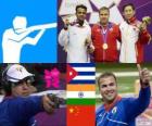 Men's 25 metre rapid fire pistol podium, Leuris Pupo (Cuba), Vijay Kumar (India) and Ding Feng (China) - London 2012 -