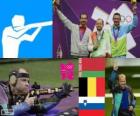 Shooting Men's 50 metre rifle prone men's podium, Sergei Martynov (Belarus), Lionel Cox (Belgium) and Rajmond Debevec (Slovenia) - London 2012-