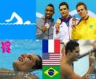 Podium swimming men's 50 metre freestyle, Florent Manaudou (France), Cullen Jones (United States) and César Cielo (Brazil) - London 2012 -