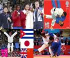 Podium women's Judo over 78 kg, Idalys Ortiz (Cuba), Mika Sugimoto (Japan), Karina Bryant (United Kingdom) and Tong Wen (China) - London 2012 -