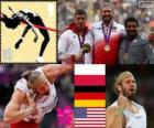 Athletics Men's shot put podium, Tomasz Majewski (Poland), David Storl (Germany) and Reese Hoffa (United States) - London 2012-