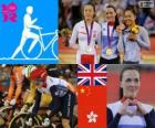 Women's Keirin track cycling podium, Victoria Pendleton (United Kingdom), Guo Shuang (China) and Lee Wai-Sze (Hong Kong) - London 2012 -