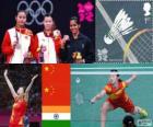 Women's singles Badminton podium, Li Xuerui (China), Wang Yihan (China) and Saina Nehwal (India) - London 2012 -