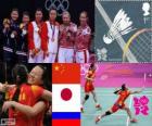 Women's doubles Badminton podium, Tian Qing Zhao Yunlei (China), Mizuki Fujii Reika Kakiiwa (Japan) and Valeria Sorokina, Nina Vislova (Russia) - London 2012 -